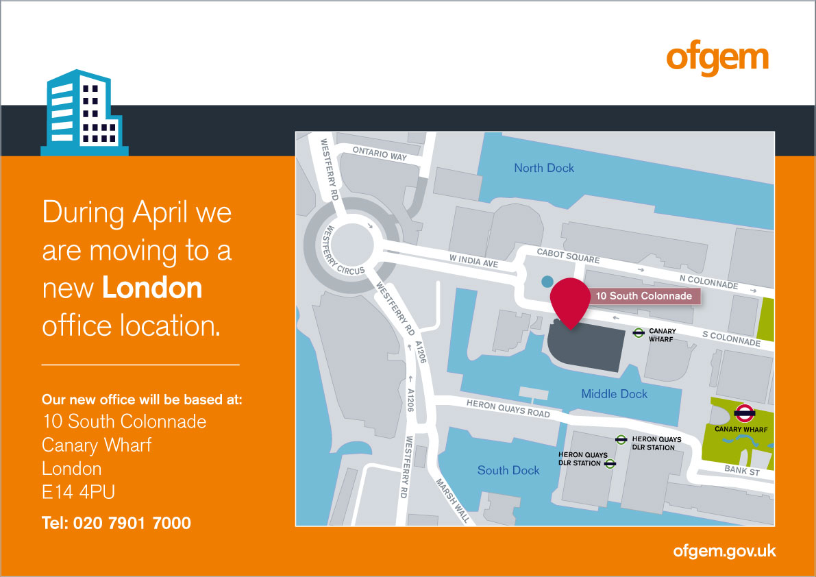 Office move postcard with new London office address details: 10 South Colonnade, Canary Wharf, London. E14 4PU. 