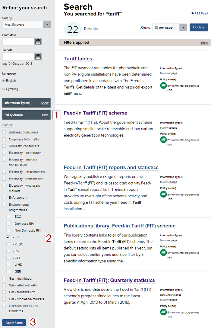 Image of search filters for environmental scheme content