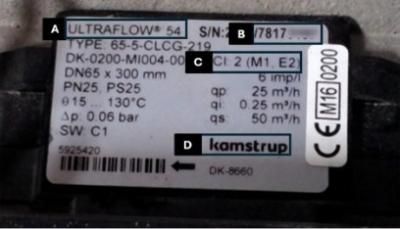 Example of an unpackaged unit (flow component) showing the Model, Serial number (8 digits), Class accuracy, Model brand name.