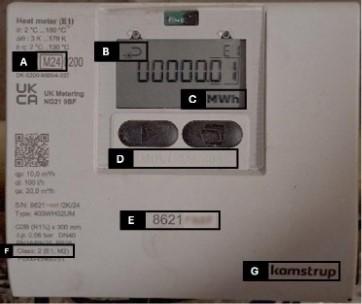 Good example photo of a packaged meter photo with annotations. In this example the photo of the packaged shows the meter face clearly showing the MID compliance, arrow indicating the pipe mounting position, reading in MWh or kWh on screen, model, Serial number (8 digits), class accuracy, model brand name 