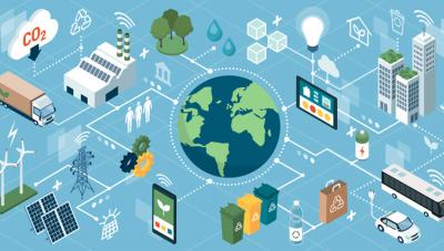 Graphic showing energy network connections like solar panels, buildings and vehicles